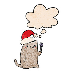 cute cartoon christmas cat and thought bubble in grunge texture pattern style