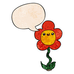 cartoon flower and speech bubble in retro texture style