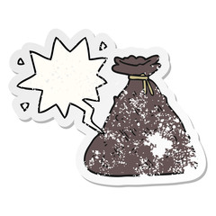 cartoon old hessian sack and speech bubble distressed sticker