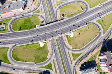 aerial view of highway intersection in the city. top view over the road