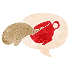 cartoon coffee cup and speech bubble in retro textured style