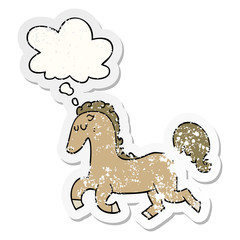 cartoon horse running and thought bubble as a distressed worn sticker