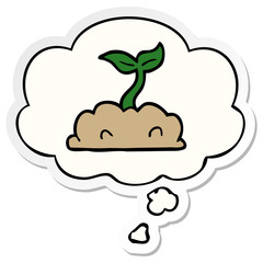 cartoon growing seedling and thought bubble as a printed sticker