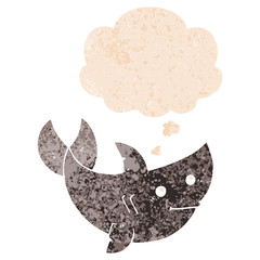 cartoon shark and thought bubble in retro textured style