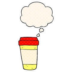 cartoon coffee cup and thought bubble in comic book style