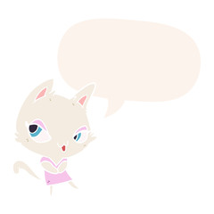 cute cartoon female cat and speech bubble in retro style