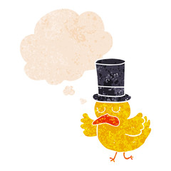 cartoon duck wearing top hat and thought bubble in retro textured style