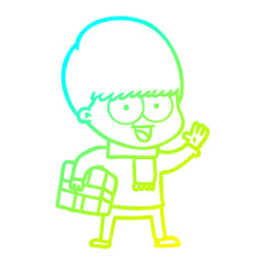 cold gradient line drawing happy cartoon boy with present