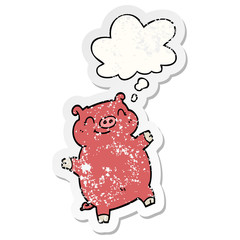 cartoon pig and thought bubble as a distressed worn sticker