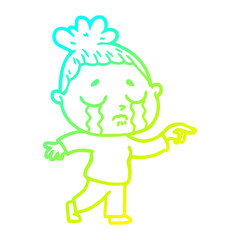 cold gradient line drawing cartoon crying woman pointing