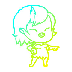 cold gradient line drawing cartoon vampire girl pointing and laughing