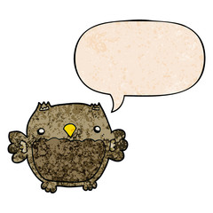 cartoon owl and speech bubble in retro texture style