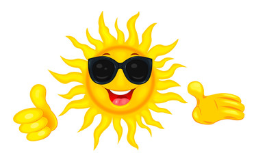 Happy sun in sunglasses. A merry cartoon sun in protective glasses from the sun. A cheerful cartoon sun on a white background. Smiling sun and hands with a finger raised up