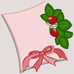 Gentle pink card with a bouquet of strawberries and a bow on a gray background without inscriptions. A gift for any holiday. Summer dessert