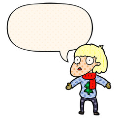 cartoon surprised christmas person and speech bubble in comic book style