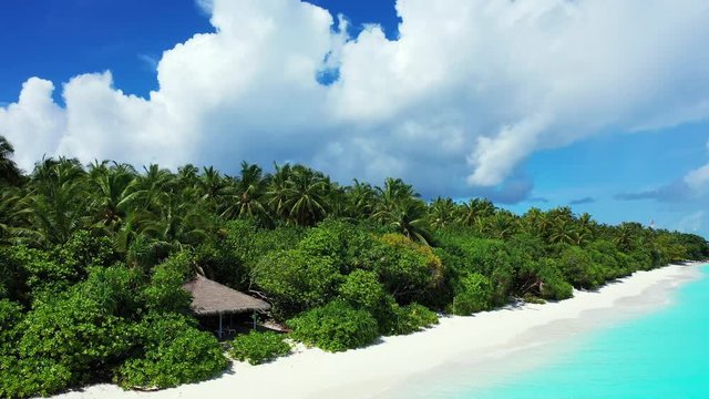 Flight next to a bungalow in a tropical forest on an island in Hawaii. White sandy beach, turquoise sea, palms. Dolly out, pedestal up