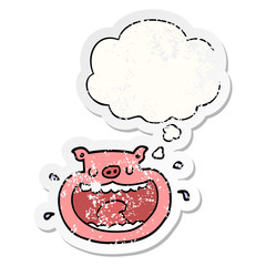 cartoon obnoxious pig and thought bubble as a distressed worn sticker