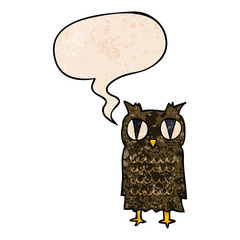 cartoon owl and speech bubble in retro texture style