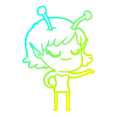 cold gradient line drawing smiling alien girl cartoon
