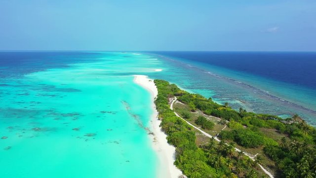 Fly over an island with tropical trees and some paths on it. In Barbados. Dolly in