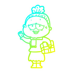 cold gradient line drawing cartoon happy old lady