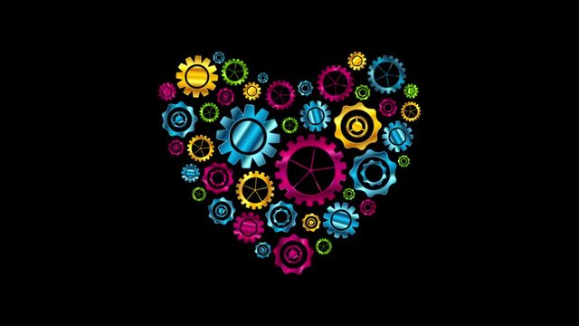 Heart shape from glossy colorful tech gears graphic motion design