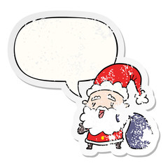 cartoon santa claus carrying sack of presents and speech bubble distressed sticker