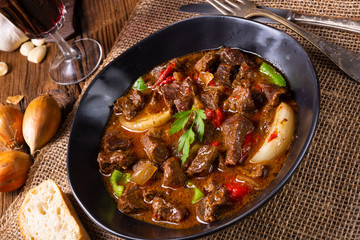 classic beef goulash with peppers and onions