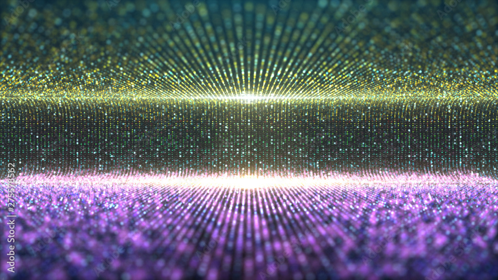 Poster Futuristic abstract glittering moving particles and elegance lights pattern for stage performance show and video jockey background and screensaver