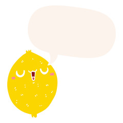 cartoon happy lemon and speech bubble in retro style