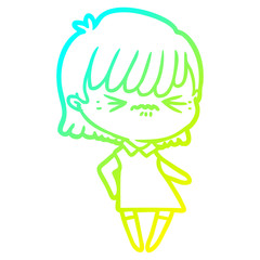 cold gradient line drawing annoyed cartoon girl