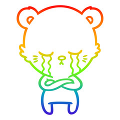 rainbow gradient line drawing crying cartoon bear with folded arms