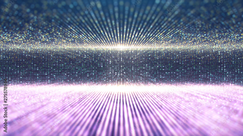 Poster Futuristic abstract glittering moving particles and elegance lights pattern for stage performance show and video jockey background and screensaver