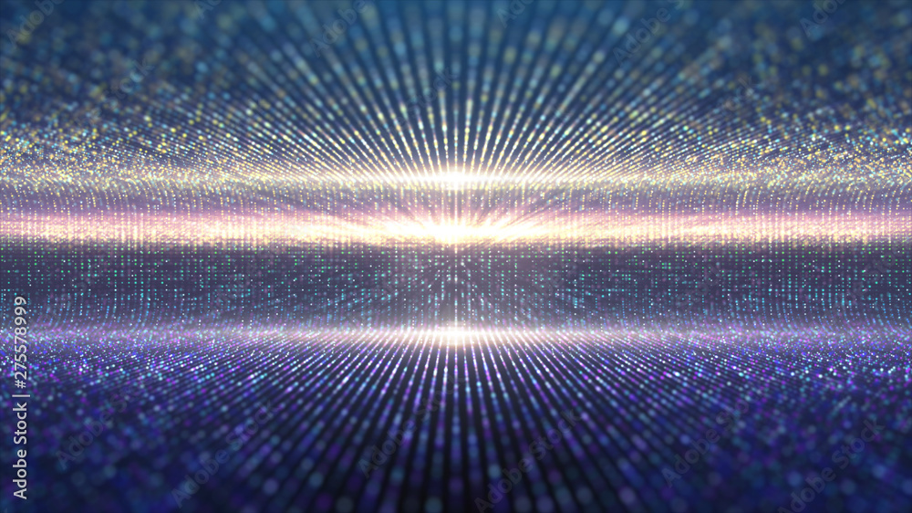 Poster Futuristic abstract glittering moving particles and elegance lights pattern for stage performance show and video jockey background and screensaver