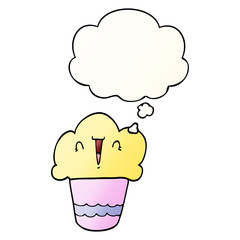 cartoon cupcake with face and thought bubble in smooth gradient style