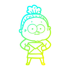 cold gradient line drawing cartoon happy old woman