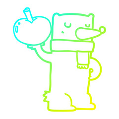 cold gradient line drawing cartoon bear with apple