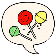 cartoon traditional lollipop and speech bubble in comic book style