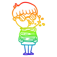 rainbow gradient line drawing cartoon boy wearing dark glasses carrying books