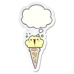cartoon ice cream with face and thought bubble as a printed sticker