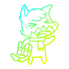 cold gradient line drawing angry cartoon fox with gift