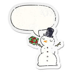 cartoon snowman and speech bubble distressed sticker