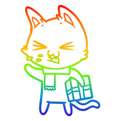 rainbow gradient line drawing cartoon hissing cat with christmas present