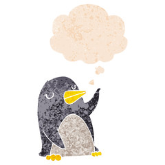 cartoon penguin and thought bubble in retro textured style