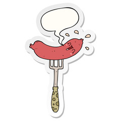 cartoon happy sausage on fork and speech bubble sticker