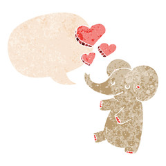 cartoon elephant with love hearts and speech bubble in retro textured style