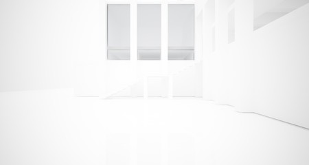 Abstract architectural white interior of a minimalist house with large windows.. 3D illustration and rendering.