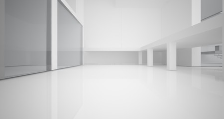 Naklejka na ściany i meble Abstract architectural white interior of a minimalist house with large windows.. 3D illustration and rendering.