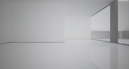 Abstract architectural white interior of a minimalist house with large windows.. 3D illustration and rendering.