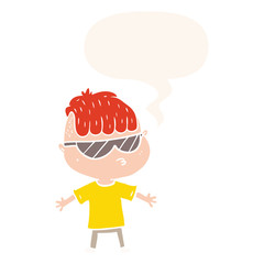 cartoon boy wearing sunglasses and speech bubble in retro style